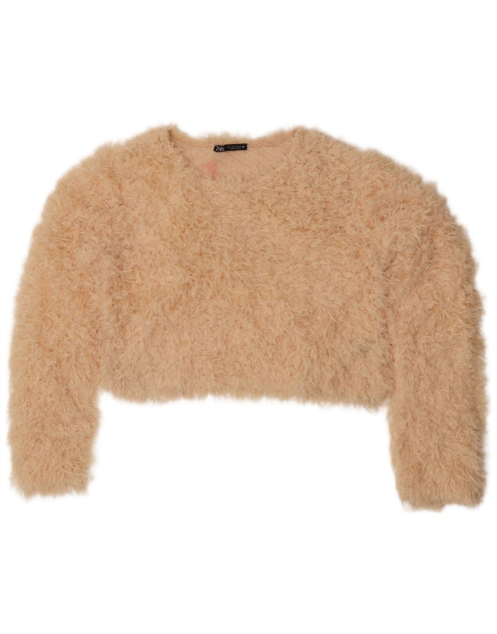 Maglione corto girocollo da donna Zara UK 16 grande poliestere giallo