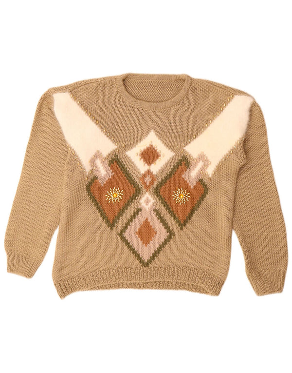Maglione maglione girocollo da donna vintage UK 14 Beige medio geometrico