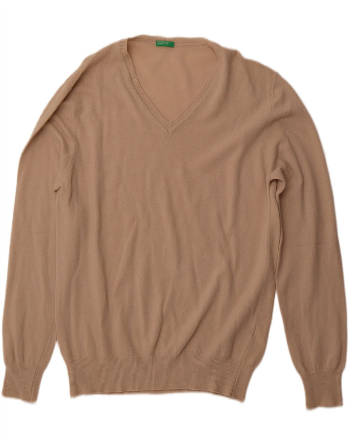 BENETTON Maglione da uomo con scollo a V XL in lana beige