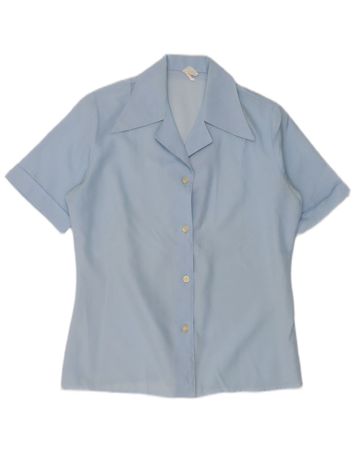 Camicetta camicia a maniche corte da donna vintage UK 14 poliestere blu medio