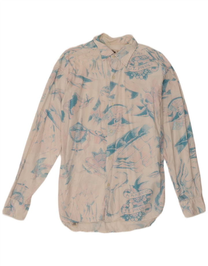 Replay Camicia da uomo con motivo astratto grande in cotone bianco sporco