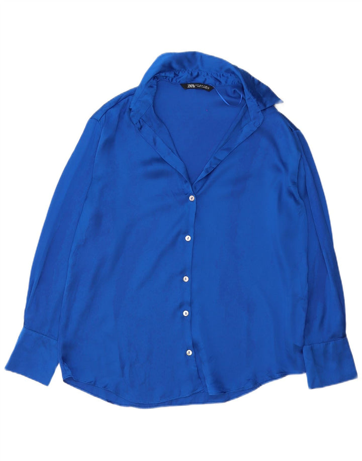 ZARA Camicia Camicetta da Donna UK 14 Blu Medio Poliestere