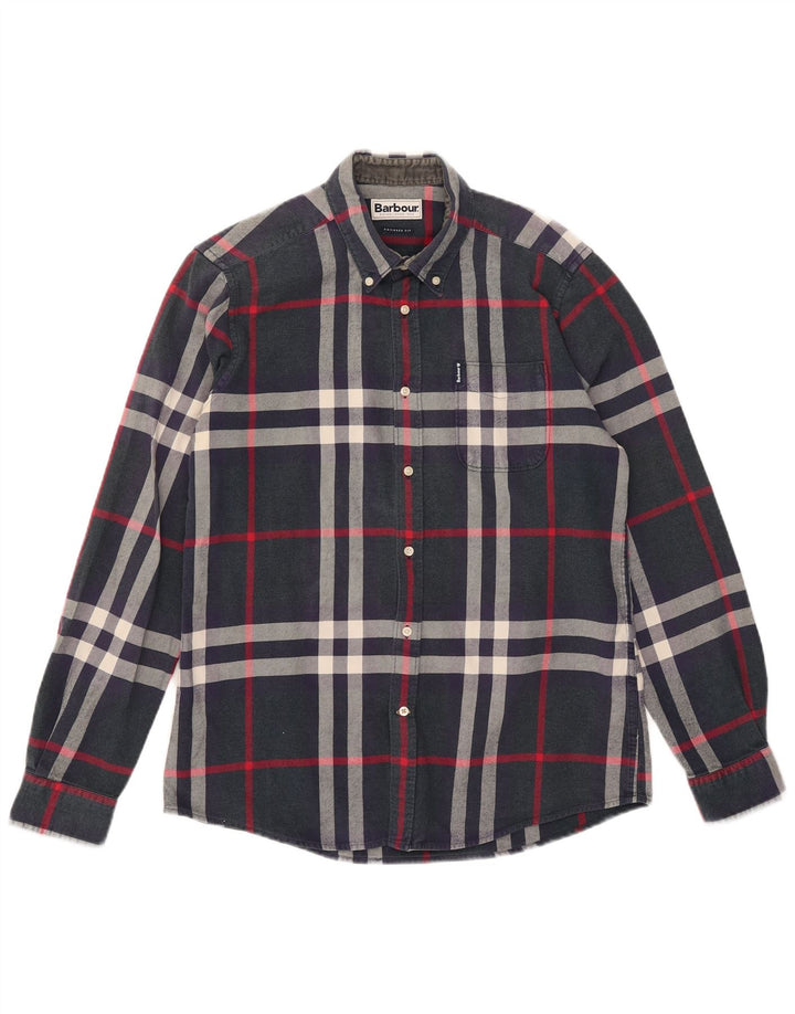 Barbour Uomo Camicia in flanella su misura in cotone scozzese medio blu navy