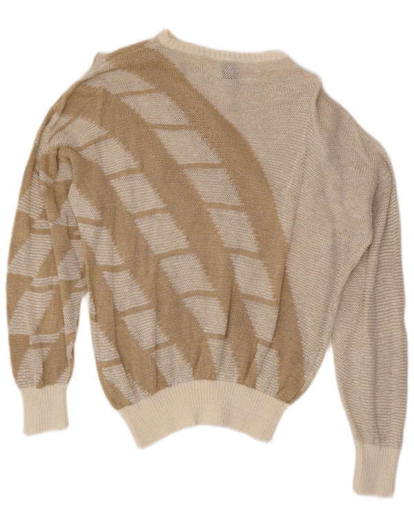 Maglione maglione vintage da donna con scollo a barca UK 16 Grande beige geometrico