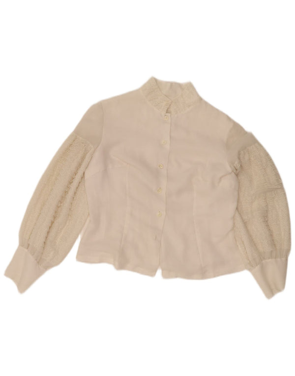 Camicetta corta da donna vintage UK 14 grande floreale bianco
