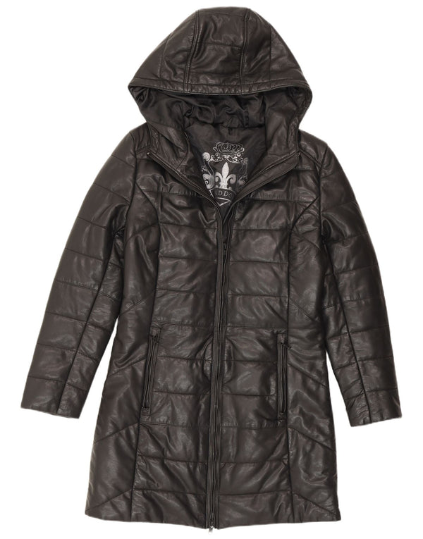 Cappotto imbottito in pelle con cappuccio da donna Maddox UK 12 Medio in pelle nera