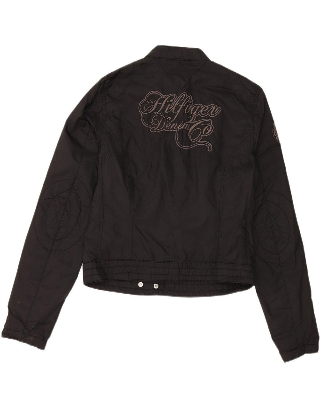 TOMMY HILFIGER Womens Graphic Bomber Jacket UK 6 XS Black Nylon Vintage Tommy Hilfiger and Second-Hand Tommy Hilfiger from Messina Hembry 