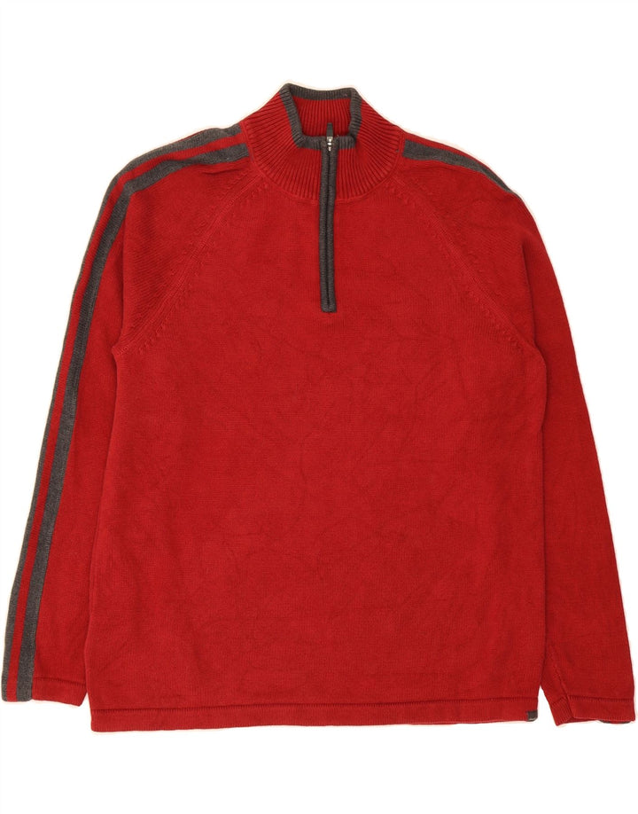 EDDIE BAUER Mens Zip Neck Jumper Sweater Large Red Colourblock Cotton Vintage Eddie Bauer and Second-Hand Eddie Bauer from Messina Hembry 