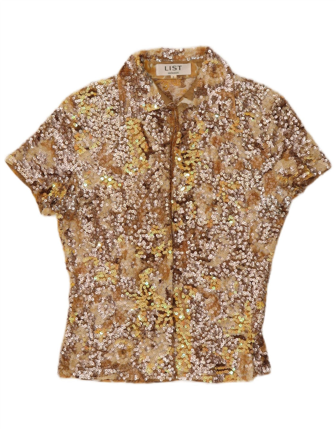 Camicetta camicia a maniche corte con paillettes vintage da donna US 2 XS poliammide kaki