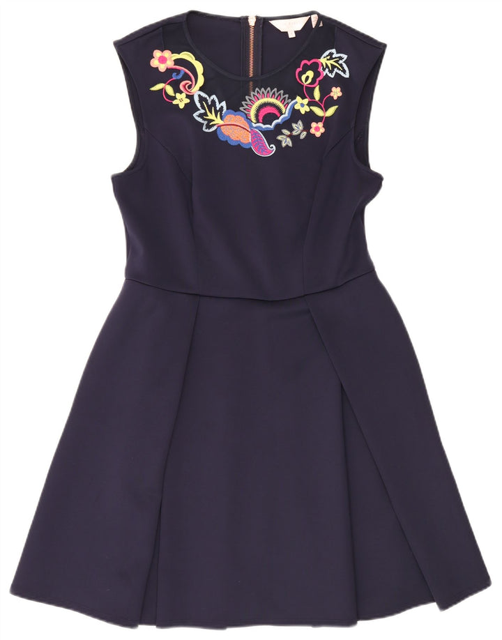 Abito scampanato senza maniche da donna Ted Baker taglia 4 grande blu navy floreale