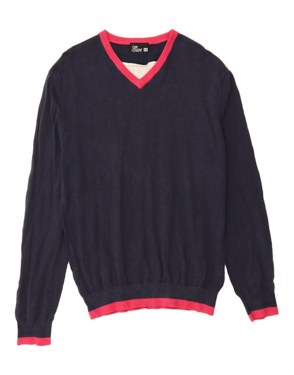 FISHBONE Womens V-Neck Jumper Sweater UK 20 2XL Navy Blue Cotton