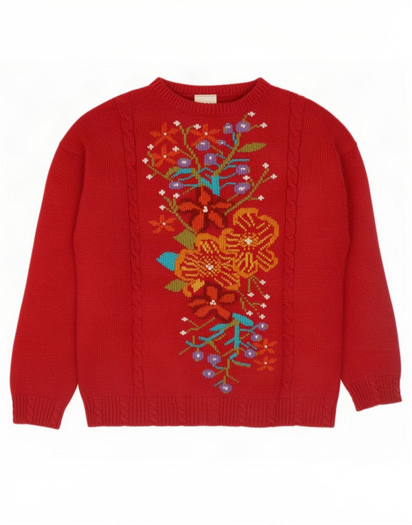 Maglione maglione girocollo da donna George UK 12/14 Acrilico floreale rosso medio