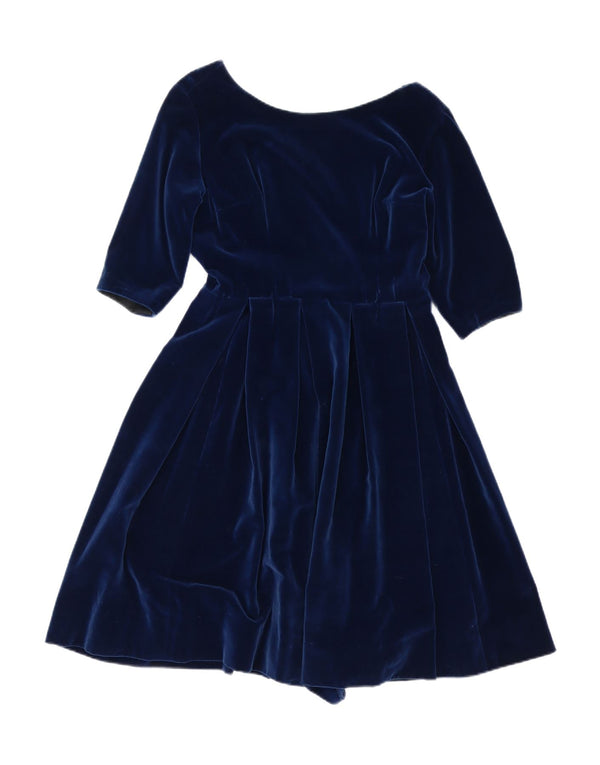 Abito vintage da donna a trapezio in velluto con maniche a 3/4 UK 14 blu navy medio