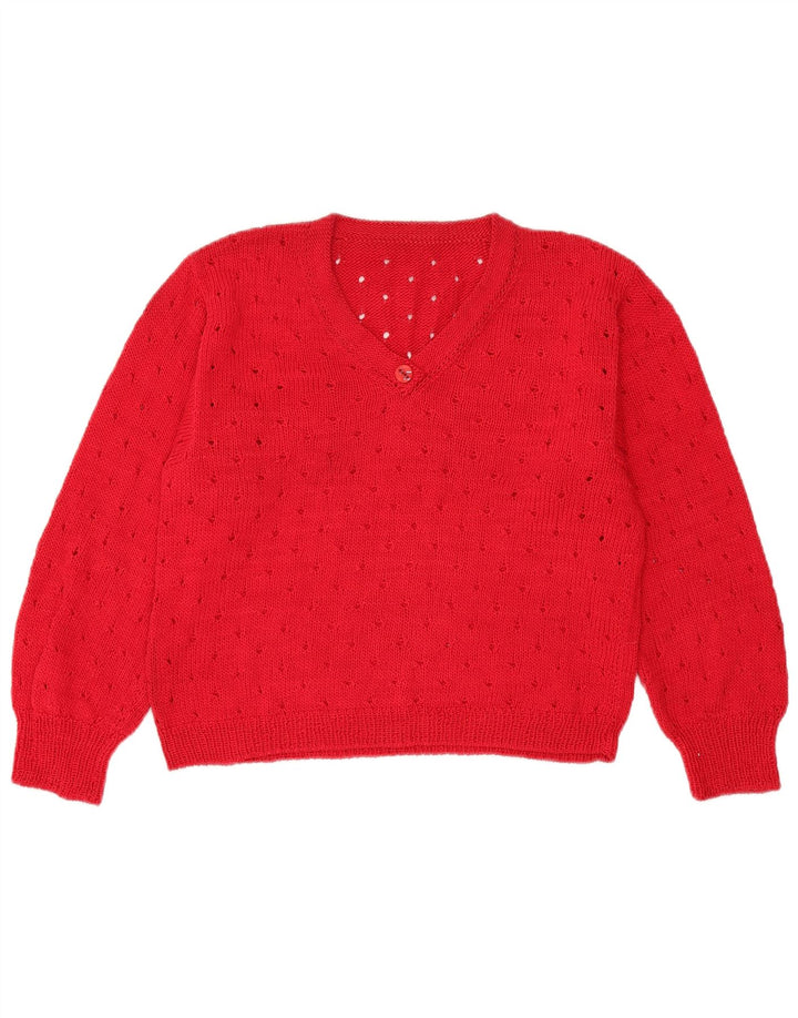 Maglione vintage da donna con scollo a V corto UK 12 rosso medio