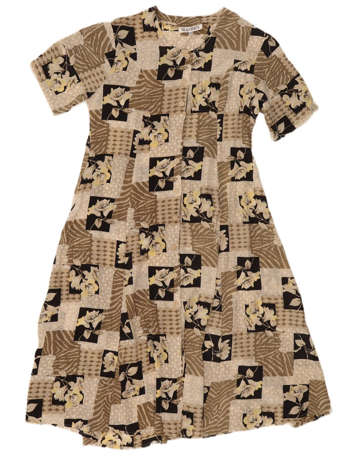 Abito da tè vintage da donna UK 14 Seta patchwork beige medio