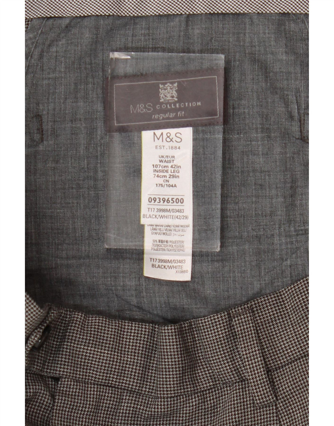 Pantaloni da abito vestibilità regolare da uomo Marks & Spencer W42 L29 pied de poule neri