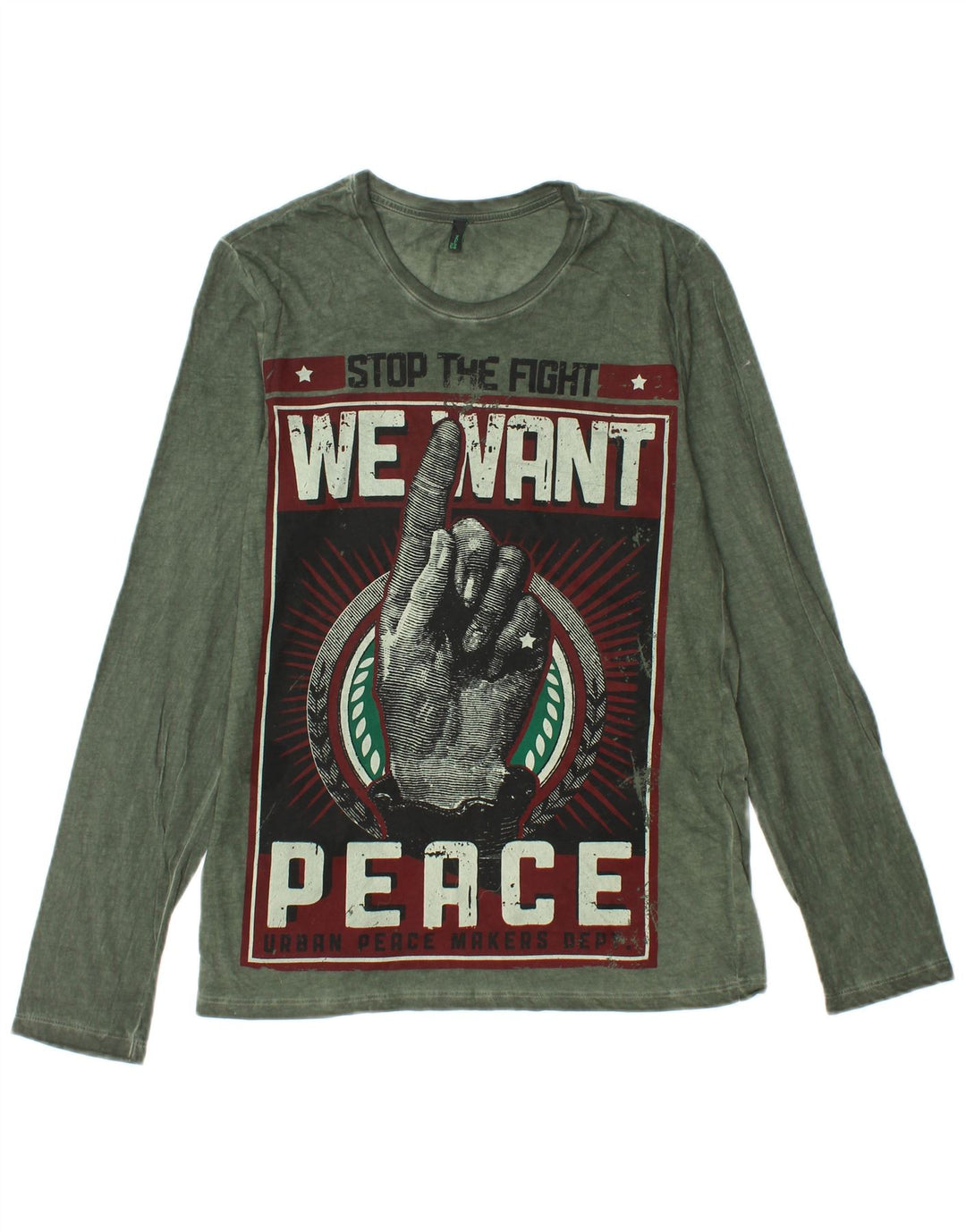 BENETTON Top grafico da uomo a maniche lunghe piccolo in cotone verde