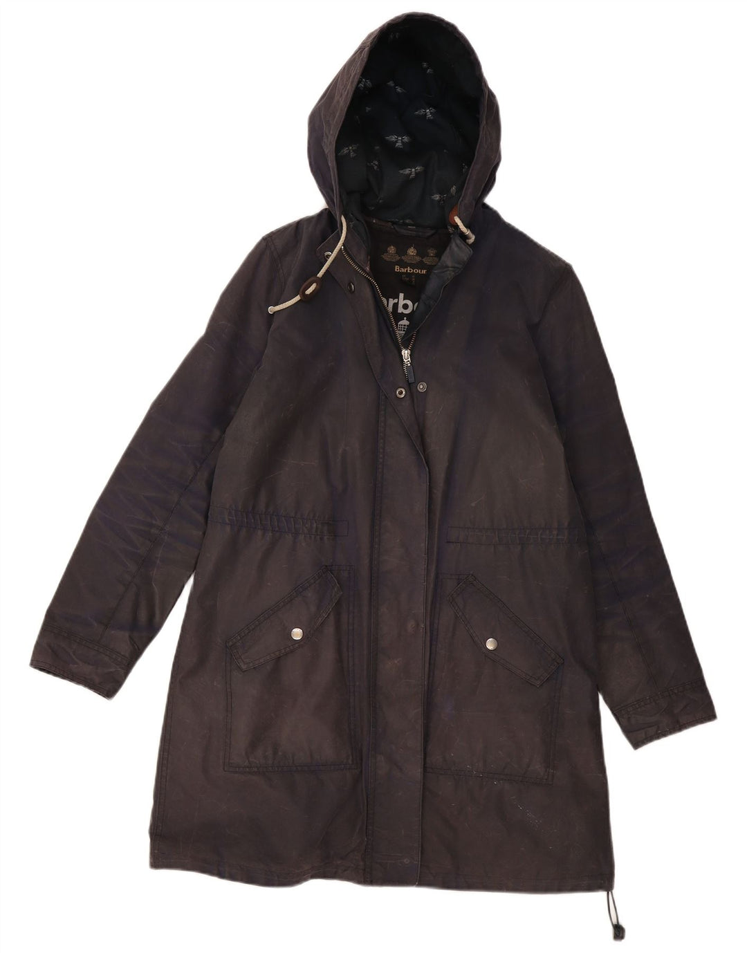 Giacca Parka cerata con cappuccio da donna Barbour UK 12 medio blu navy