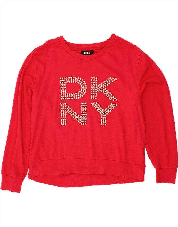 DKNY Womens Graphic Sweatshirt Jumper UK 14 Medium Red Cotton Vintage Dkny and Second-Hand Dkny from Messina Hembry 