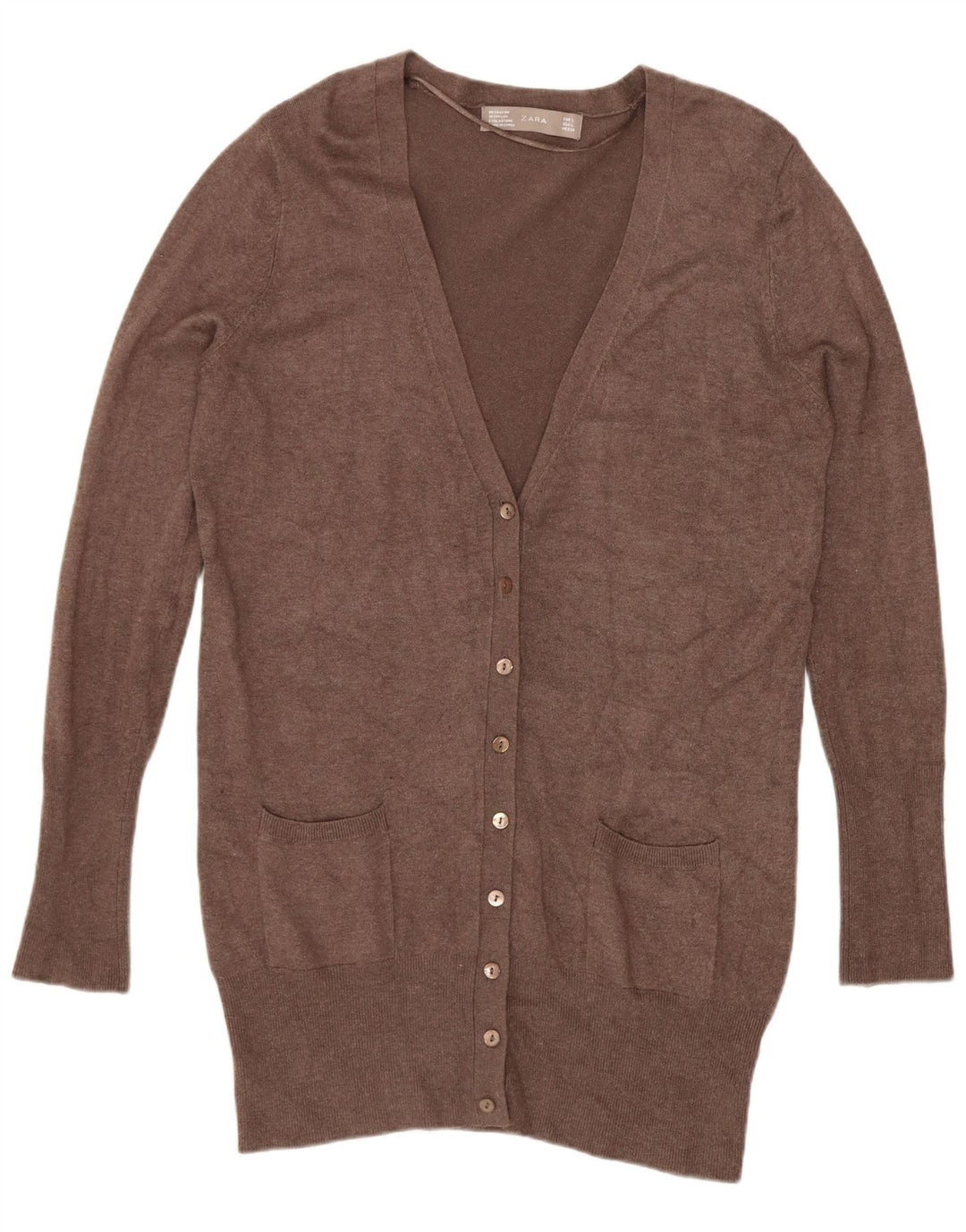 Maglione cardigan lungo da donna Zara UK 14 Large Rayon marrone