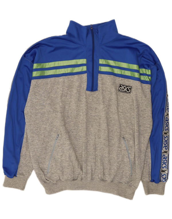 Felpa Asics da uomo con grafica con zip e collo, maglione XL, cotone color block grigio