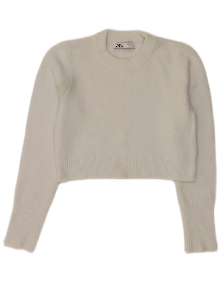 Maglione corto girocollo da donna Zara UK 12 nylon bianco medio