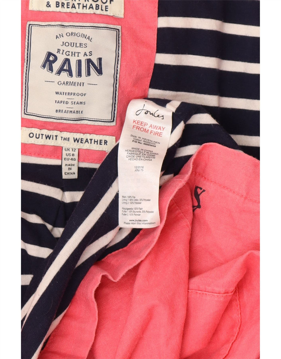 JOULES Impermeabile con cappuccio da donna UK 12 Lino rosa medio