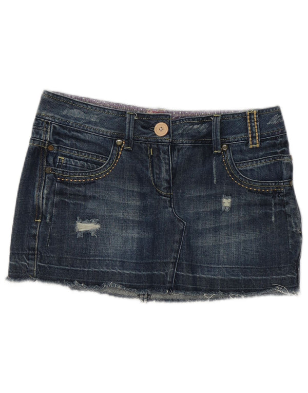 Mini gonna in denim invecchiato da donna vintage US 10 grande W32 in cotone blu