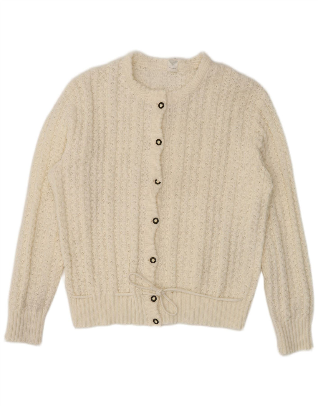 Maglione cardigan da donna vintage UK 16 grande poliacrilico bianco