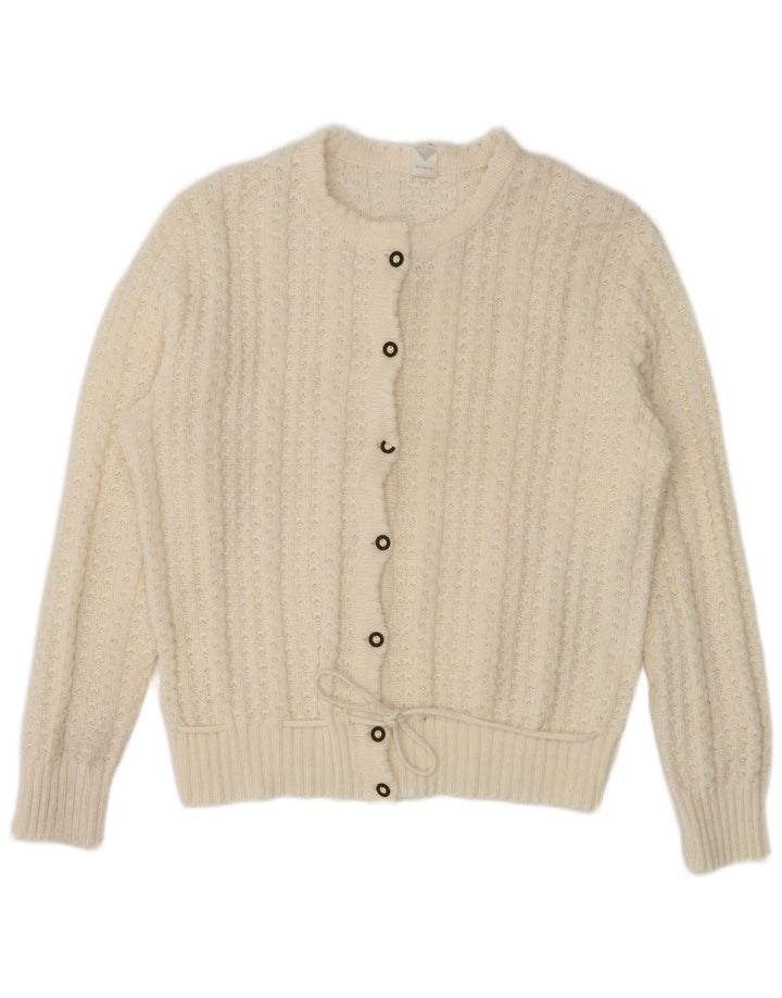 Maglione cardigan da donna vintage UK 16 grande poliacrilico bianco