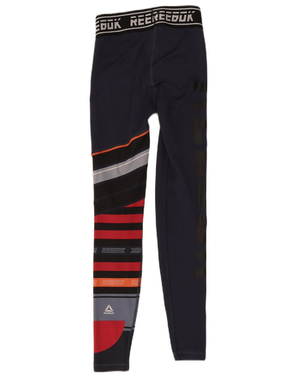 Leggings grafici da donna Reebok UK 4/6 XS poliestere color block blu navy