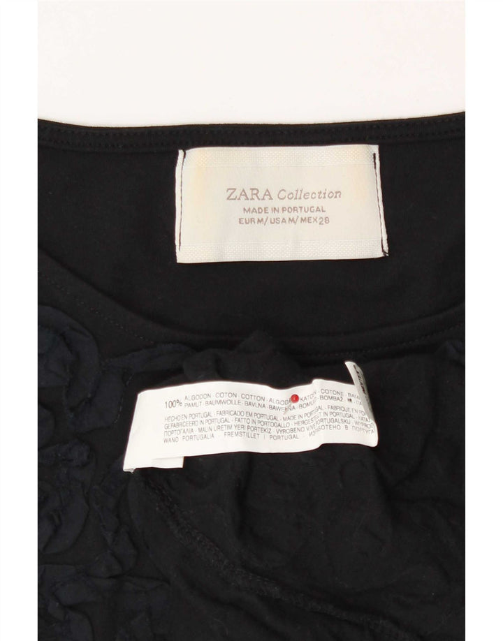T-shirt Zara da donna con motivo astratto, taglia UK 12, cotone nero medio