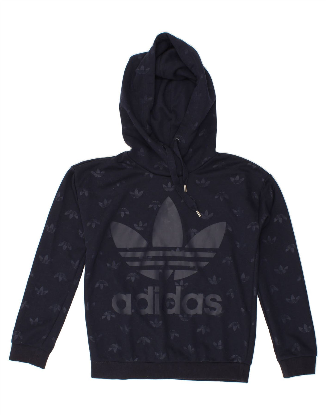 ADIDAS Womens Graphic Hoodie Jumper UK 10 Small Navy Blue Polyester Vintage Adidas and Second-Hand Adidas from Messina Hembry 