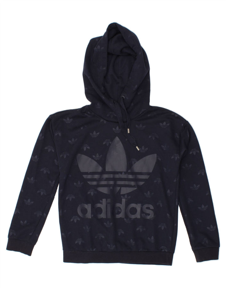 ADIDAS Womens Graphic Hoodie Jumper UK 10 Small Navy Blue Polyester Vintage Adidas and Second-Hand Adidas from Messina Hembry 