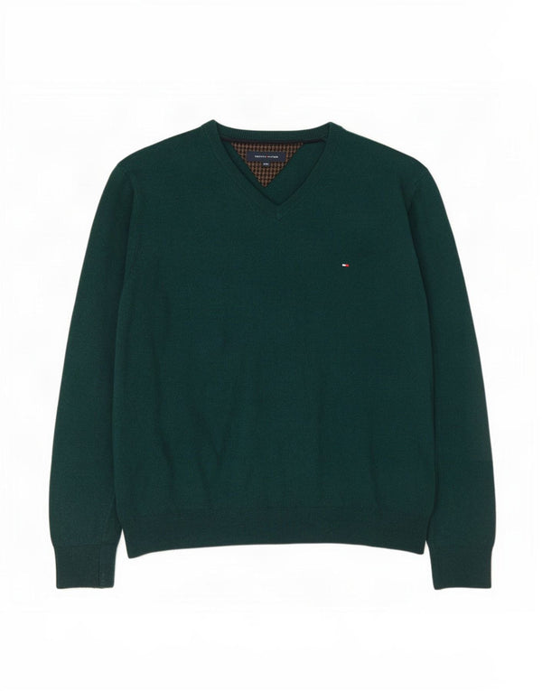 Tommy Hilfiger Mens V-Neck Jumper Sweater 2XL Green Wool