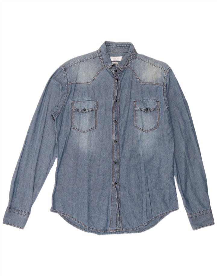 Camicia di jeans slim fit Zara da uomo grande in cotone blu