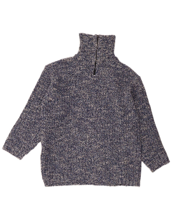 Maglione vintage da uomo con zip sul collo, grande lana screziata blu