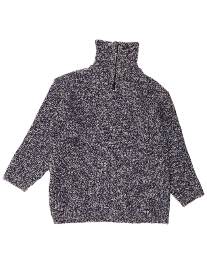 Maglione vintage da uomo con zip sul collo, grande lana screziata blu