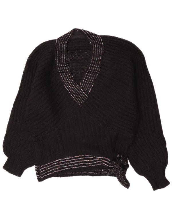 Maglione maglione vintage da donna con scollo a V UK 14 medio nero a righe retrò