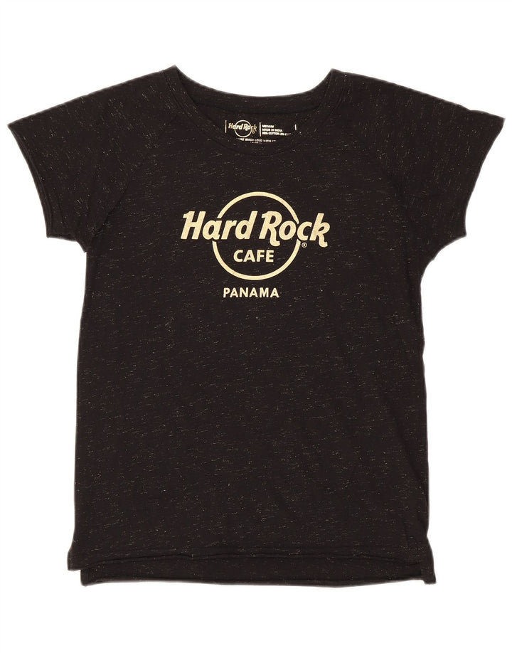 HARD ROCK CAFE T-shirt grafica da donna Panama Top UK 12 Medium Nero