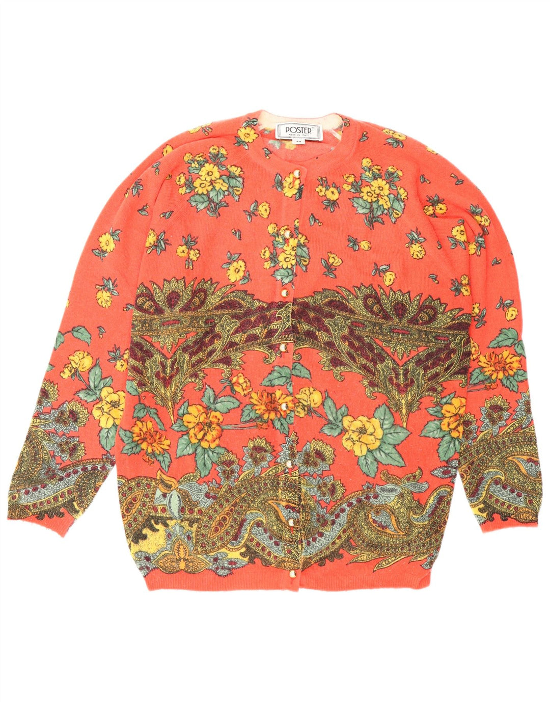 Maglione cardigan da donna vintage IT 44 rosso medio floreale