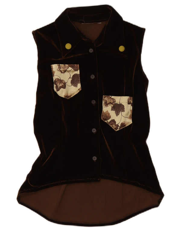 Camicetta senza maniche in velluto da donna VINTAGE UK 12 Marrone medio floreale
