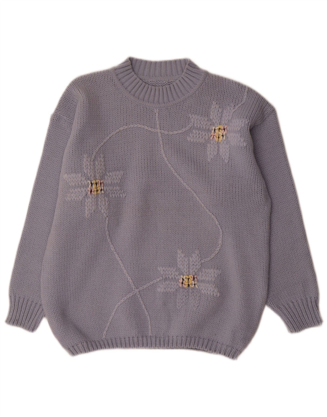 Maglione maglione collo alto da donna vintage UK 14 Lana floreale blu medio