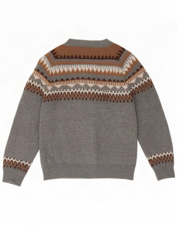 Maglione cardigan da donna vintage UK 16 grande grigio Fair Isle poliestere