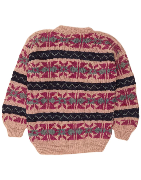 Maglione maglione girocollo da donna vintage UK 16 grande lana Fair Isle rosa