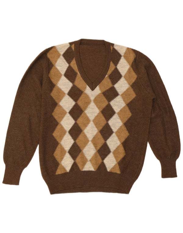 Maglione vintage da uomo con scollo a V grande marrone a rombi/diamante