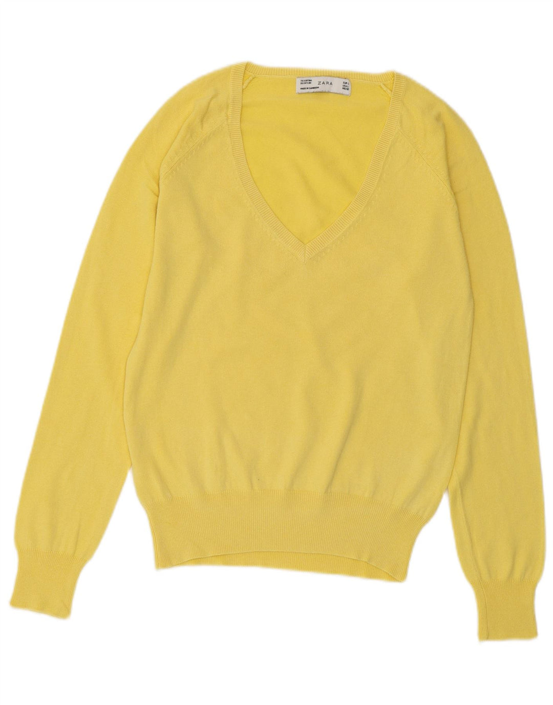 Maglione ZARA da donna con scollo a V UK 14 grande cotone giallo