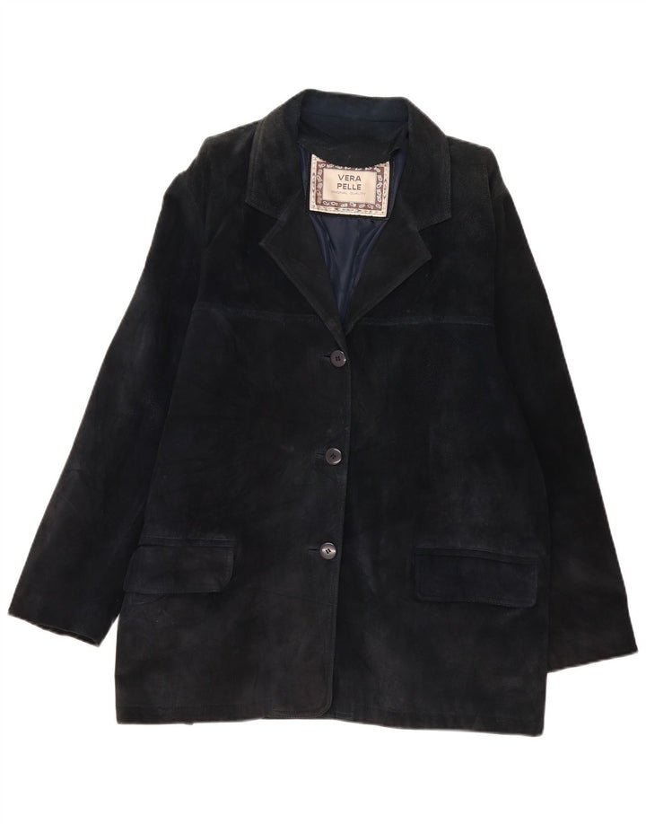 Giacca blazer vintage oversize da donna in pelle scamosciata a 3 bottoni IT 48 XL blu navy