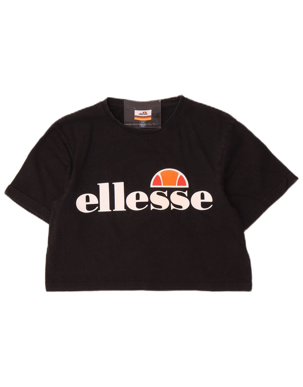 ELLESSE T-shirt grafica corta oversize da donna UK 6 XS Cotone nero