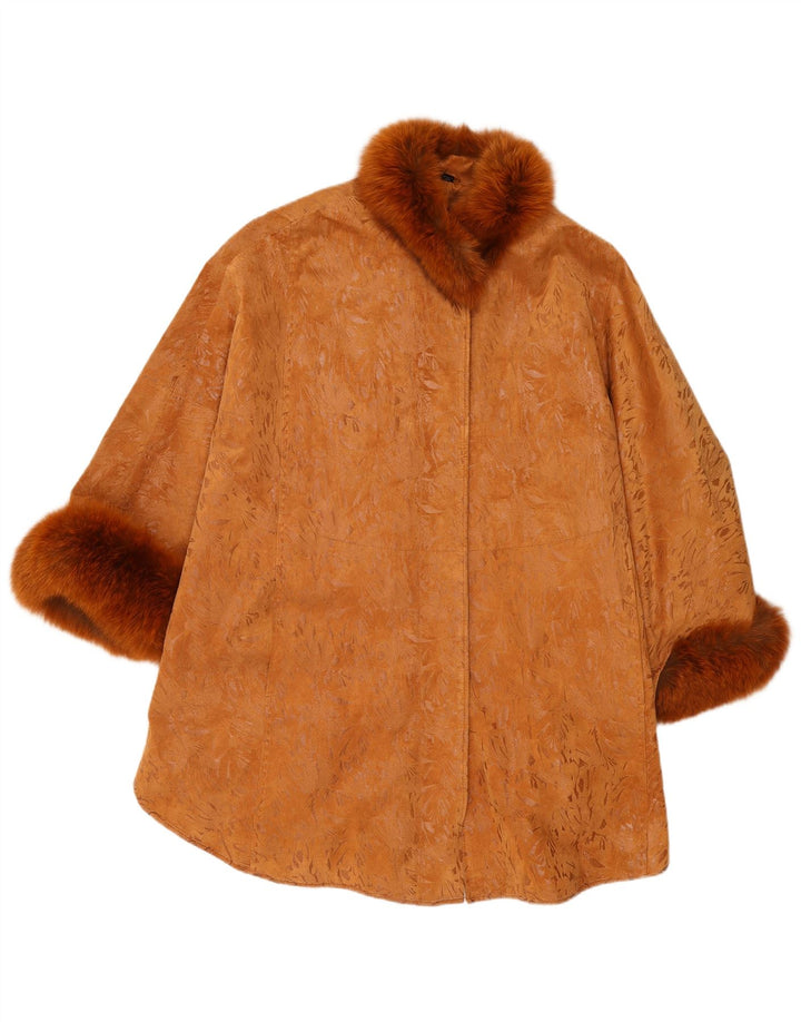 Soprabito vintage da donna in pelle scamosciata con maniche a 3/4, taglia unica, in pelle marrone